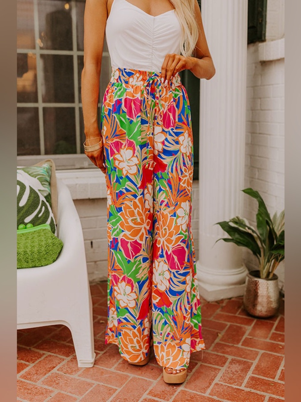 Flying Tomato Tropical Floral Wide-Leg Drawstring Pants - Multicolor